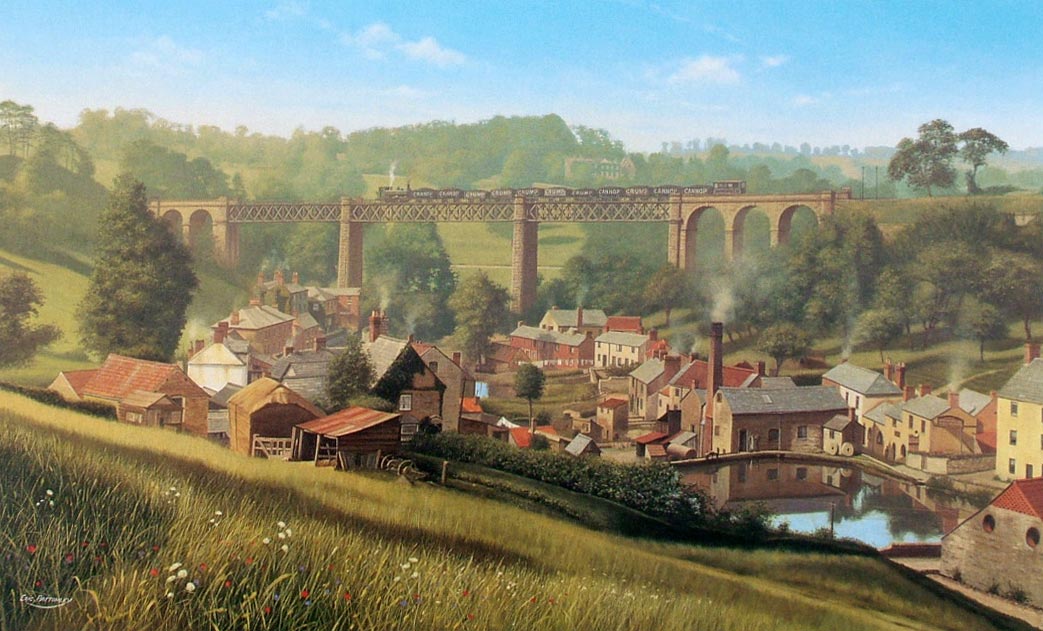 Painting of a train on Lydbrook Viaduct