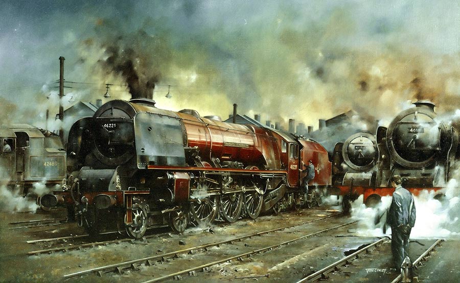 Painting of an LMS Duchess class steam loco.