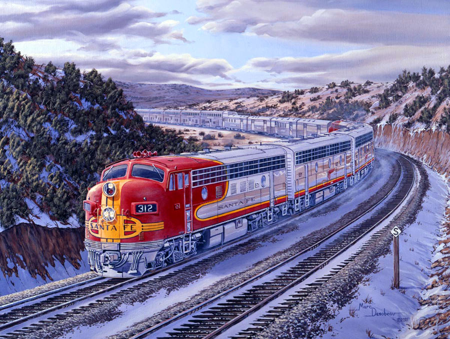 Painting of a Santa Fe classic diesel locomotive.