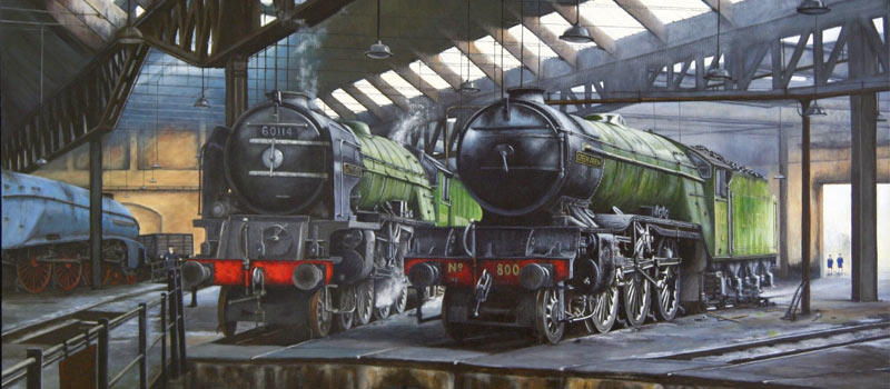 Painting of a steam engine shed