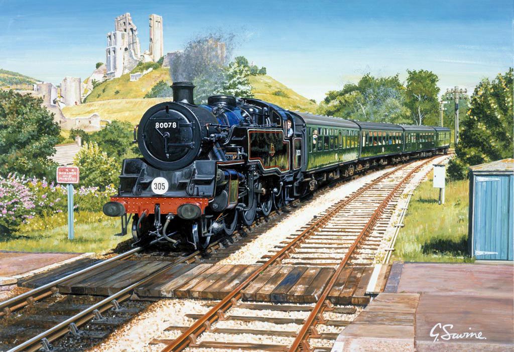 Painting of a train at Corfe Castle station.