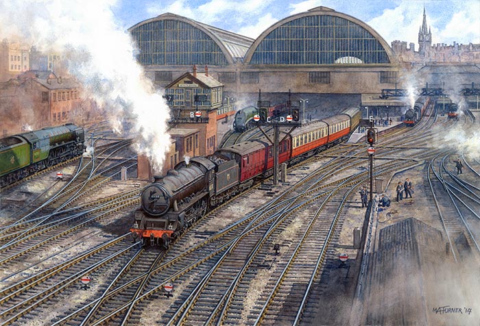 Painting of a train leaving Kings Cross for Grimsby in 1956.