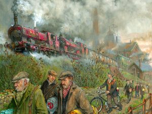 Coal train passes miners going home