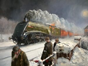 Gresley A4 Kingfisher on an express train in the snow