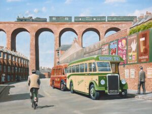 Ex SE&CR C-class locomotive crosses Folkestone viaduct. Coaches are parked in Bradstone Road, c1949.