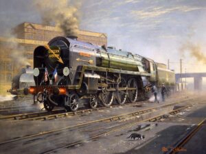 Britannia pacific 70014 Iron Duke on-shed at Stewarts Lane, south London 1955.