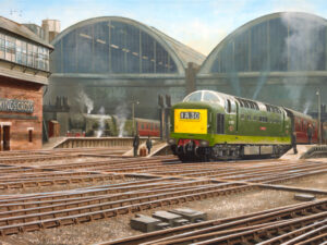 Deltic locomotive leaving Kings Cross station.