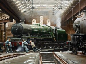 Stanier Jubilee loco inside a steam engine shed.